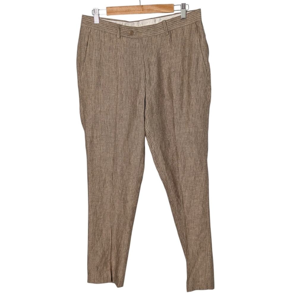NWT Bar III Men's Sz 32 x 30 Tan Stripe 100% Linen Slacks Dress Pants Flat Front